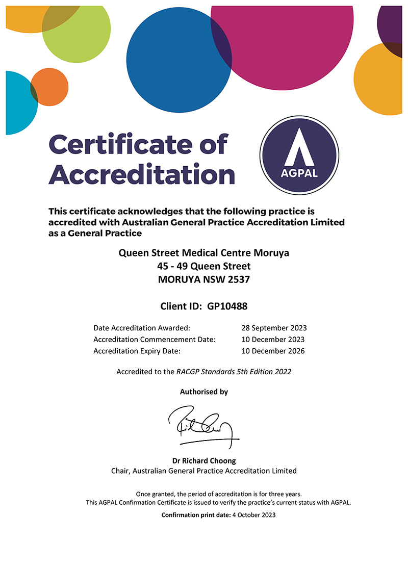 AGPAL Certification for Queen Street Medical Centre Moruya 2023 to 2026